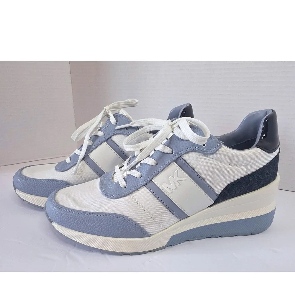 Michael Kors Georgie Wedge Sneakers Blue White MK Logo Shoes 9.5M Worn 1X